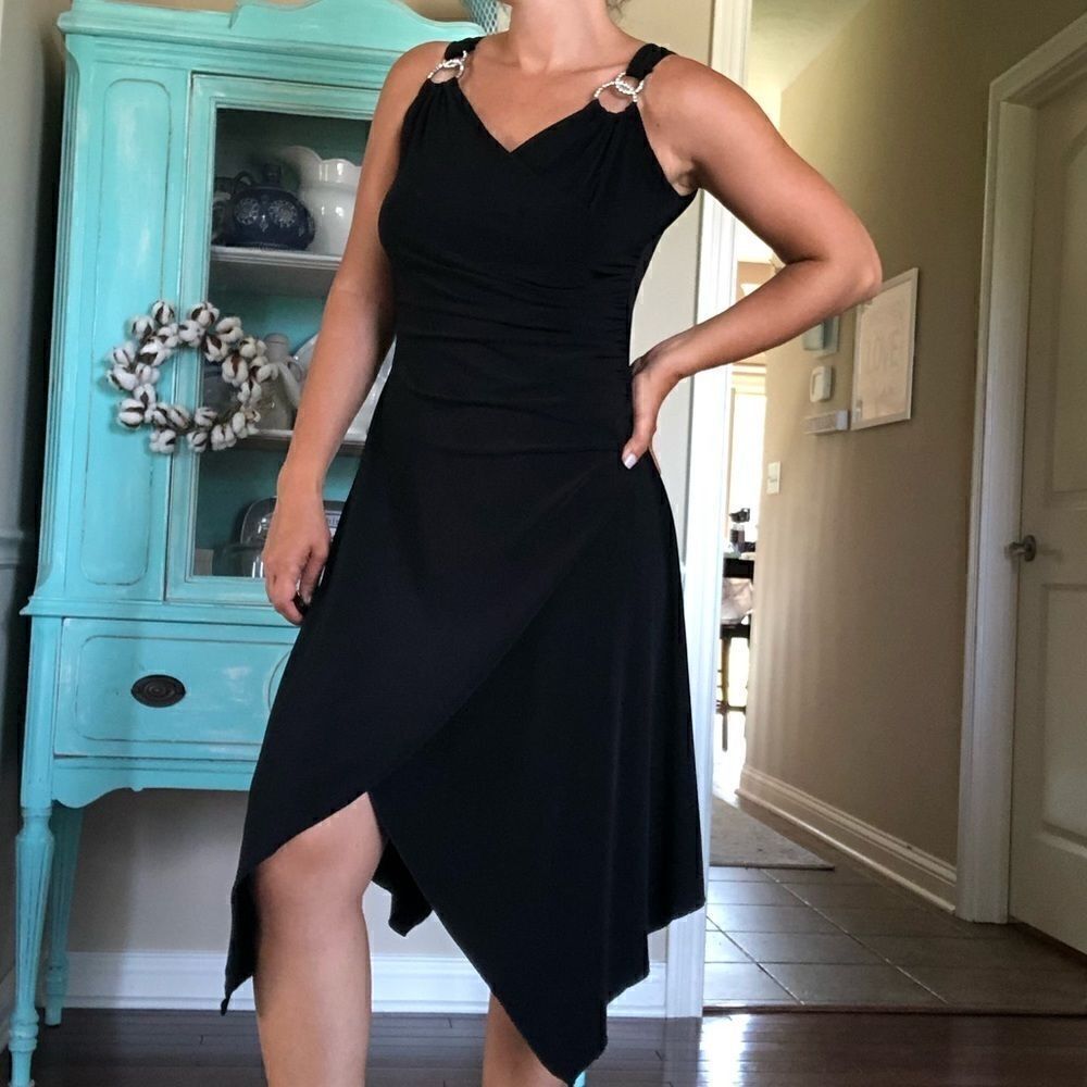 Vintage 90s Black Asymmetrical Dress Cocktail 1990 - Picture 3 of 10